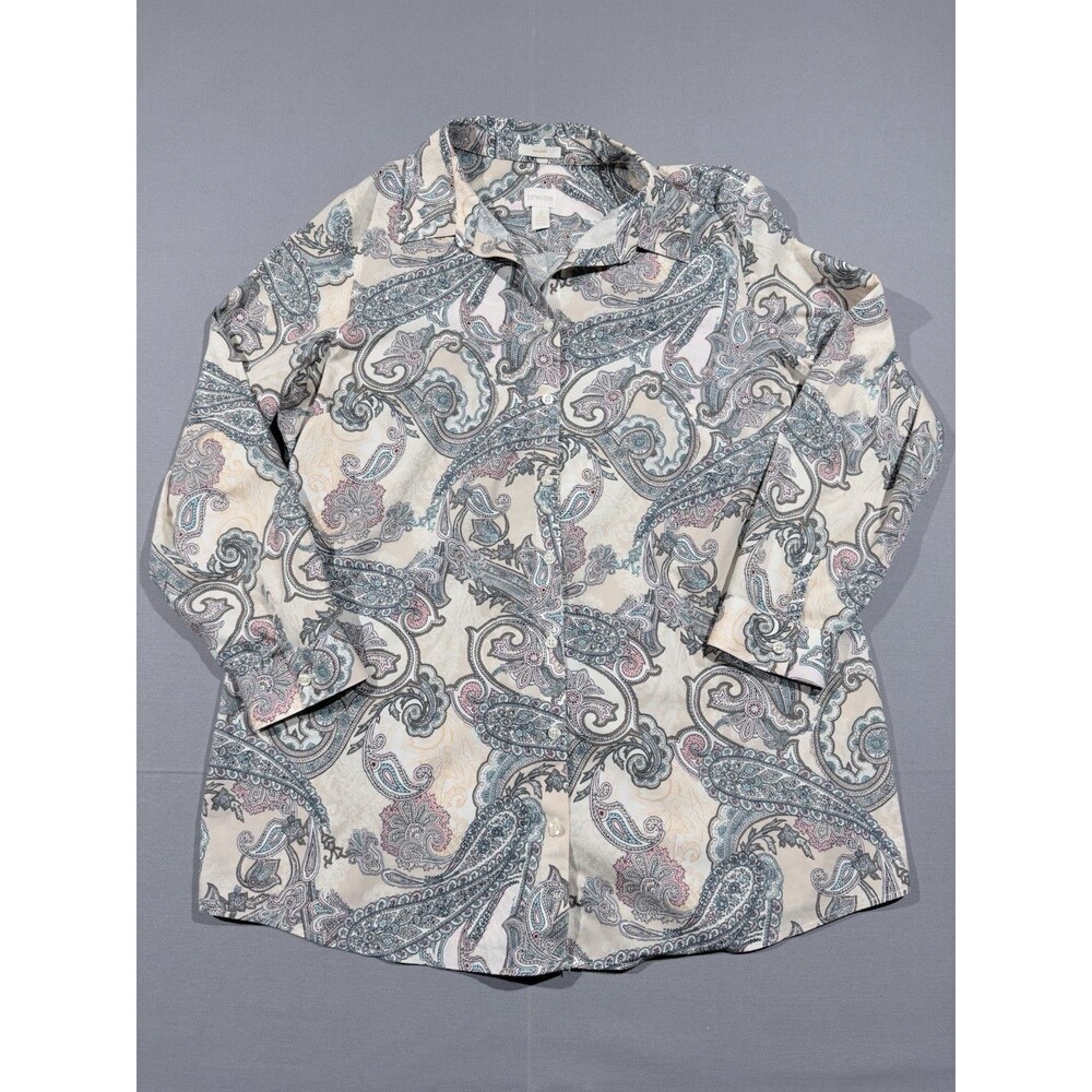 Chicos Size 3 Tan Paisley Swirls Cotton Long Sleeve Button Up Blouse Top